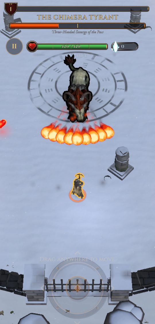 The Chimera Tyrant breathes a fan of fire at the Knight