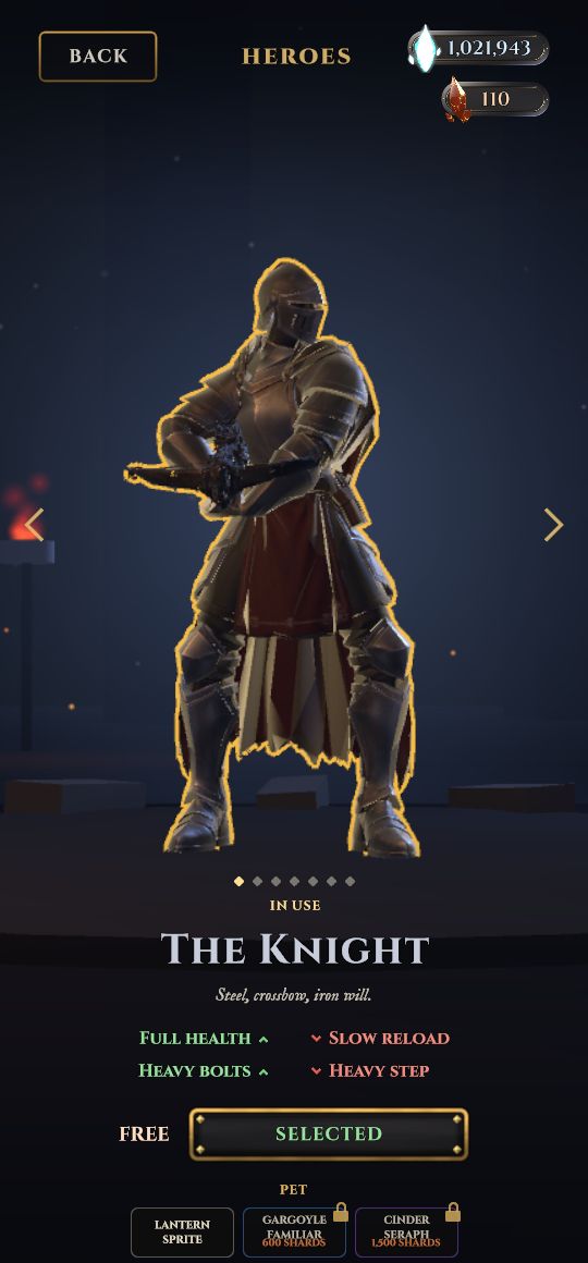 The hero page with the Knight on a dark stage